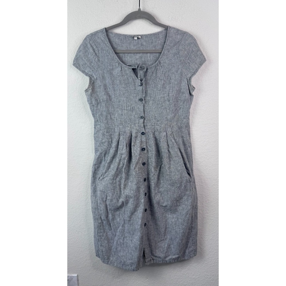 Noa Noa Linen Blend Dress Sz S Gray Pinstripe Button Front‎ Cottagecore Peasant
